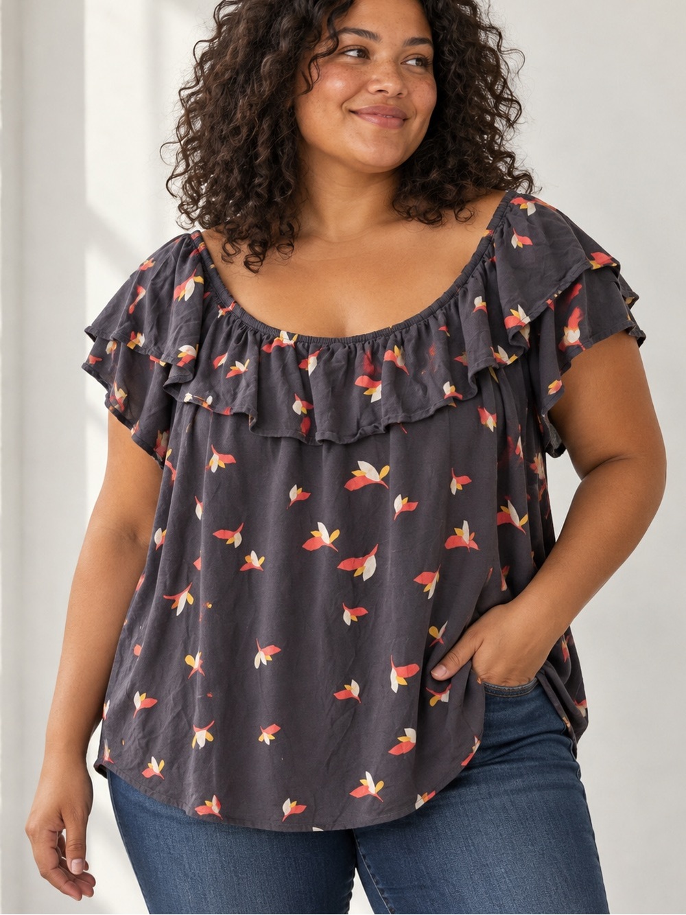 Torrid 2X Bird Print Off Shoulder Ruffle Flutter Sleeve Blouse